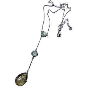 C 1946 Necklace Drop Dangle Green Resin Crackle Gold Tone 22-24" Stunning